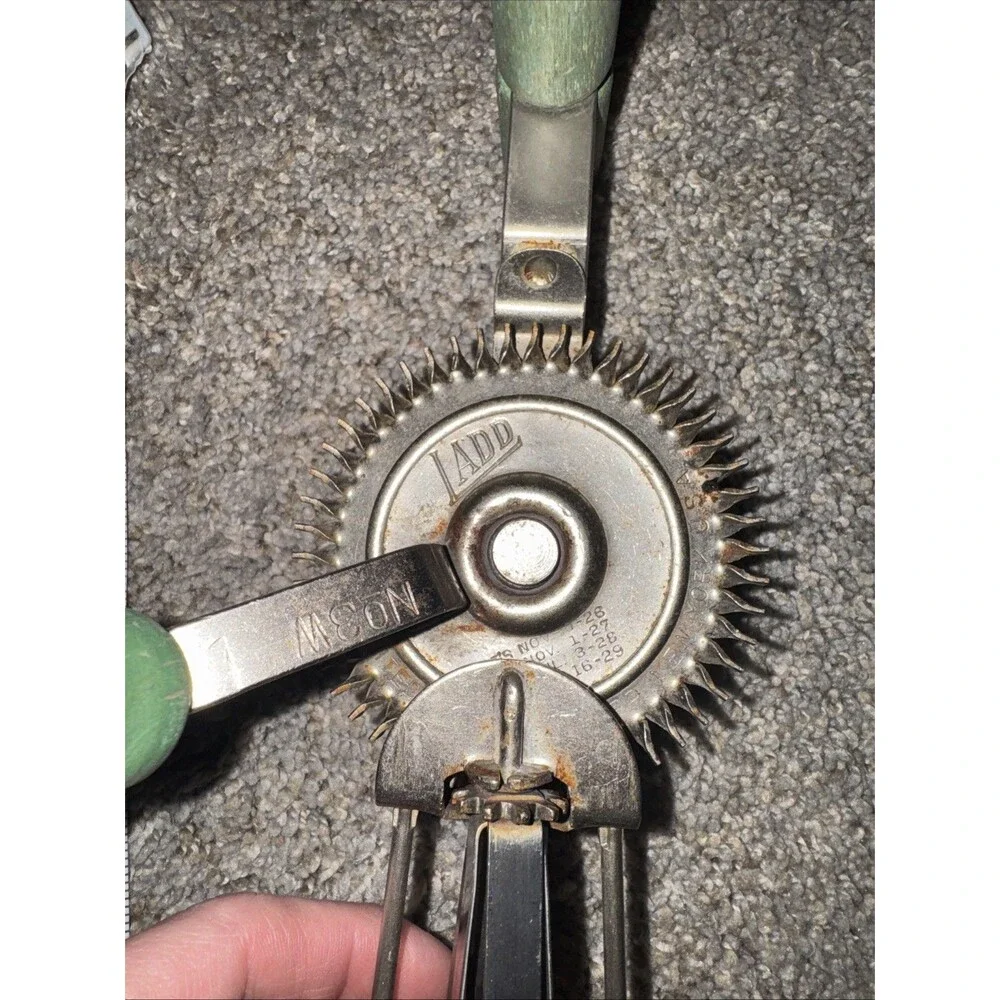 Vtg LADD Hand Crank Egg Beater Mixer Green Wood Handle Farmhouse Antique NY USA